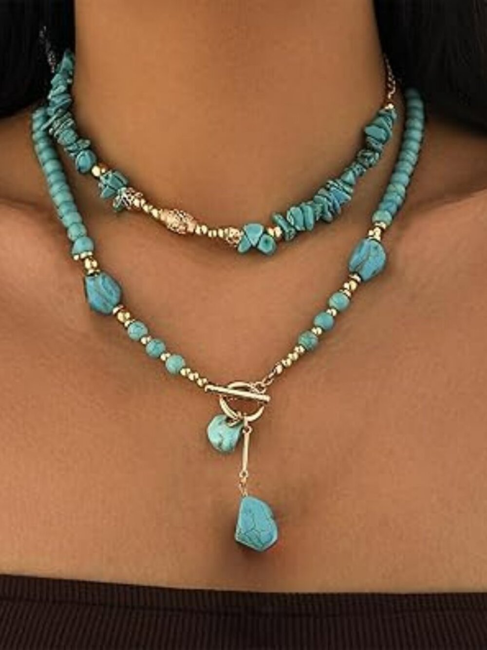 Turquoise Beaded Necklace for Women Layered Choker Necklace Gold and Turquoise